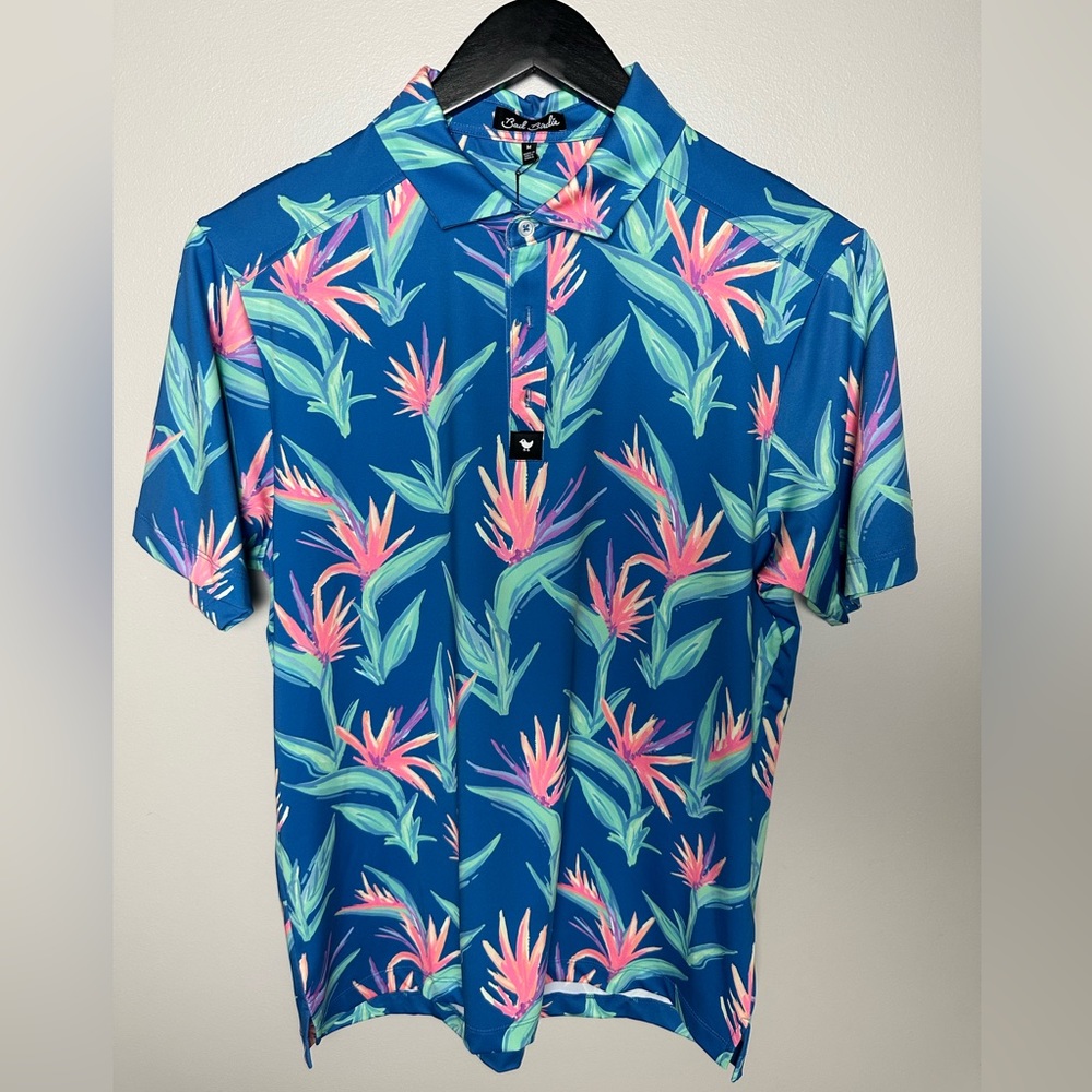 NWOT Bad Birdie Blue Tropical Floral Polo with Pink & Green Accents